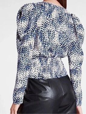Express Blue and White Printed Puff-Sleeve Blouse